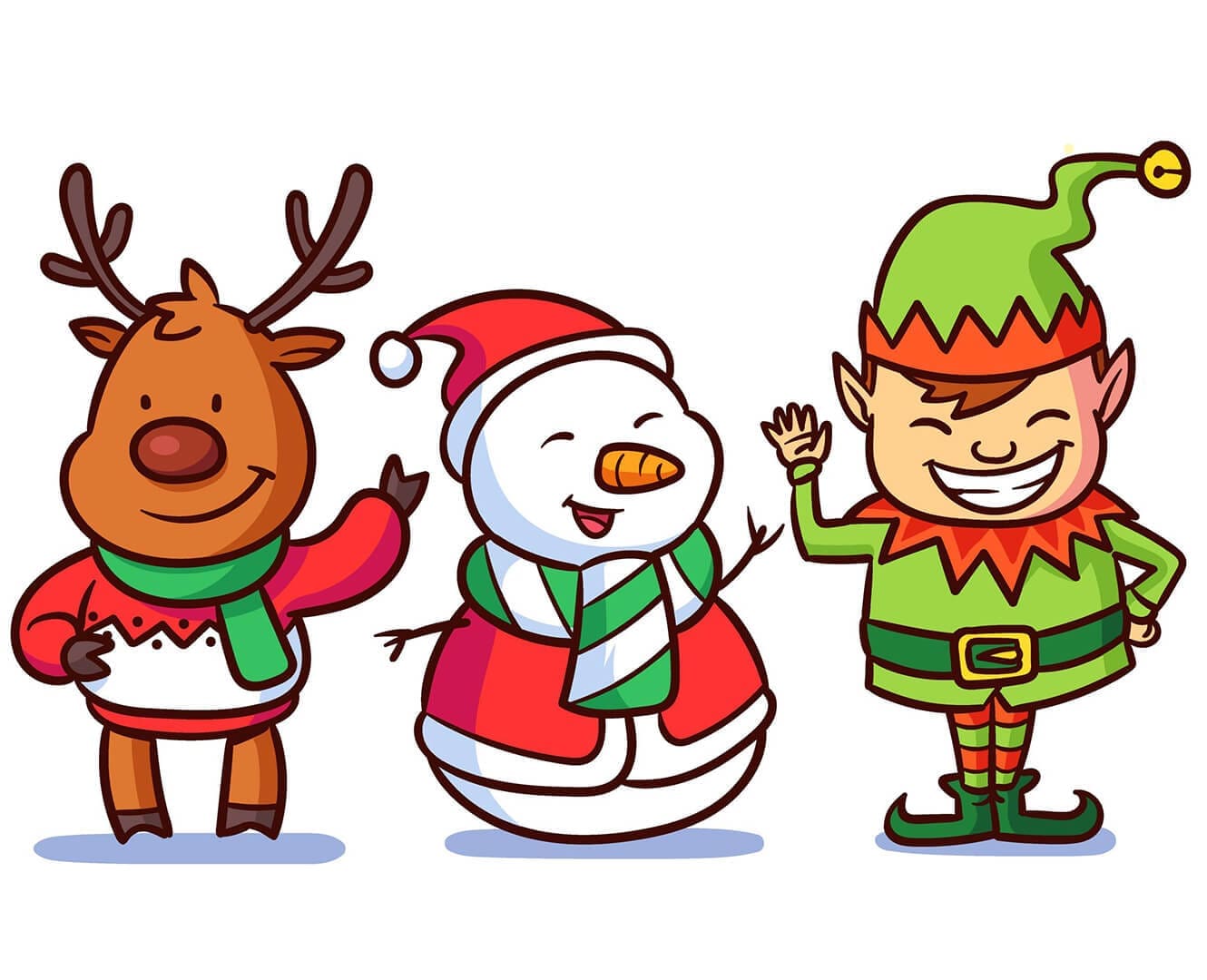 Christmas characters drawing elf Santa snowman reindeer