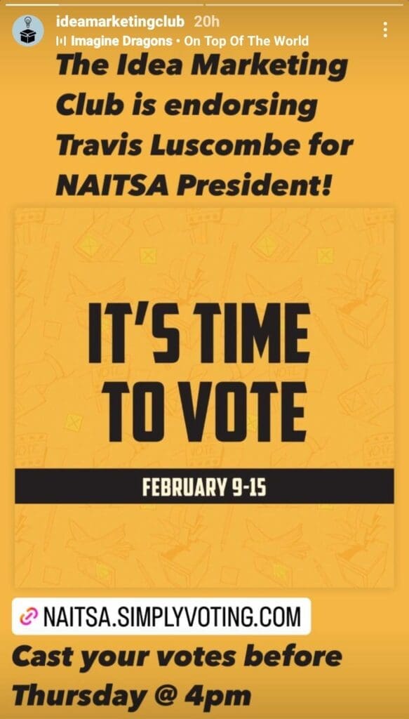 a screenshot from an instagram story. yellow background with black text.