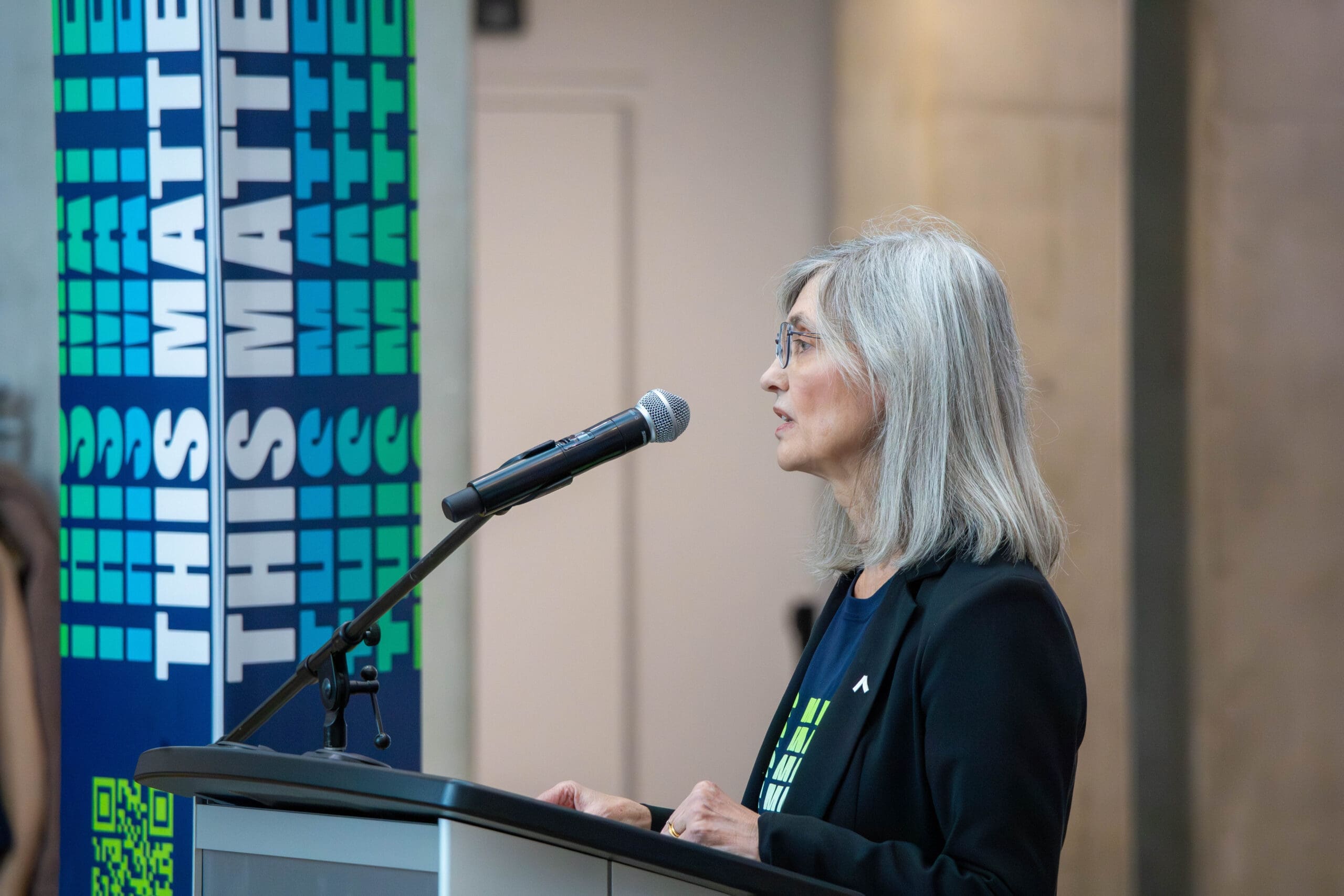 NAIT President Laura Jo Gunter speaks on Dec. 5. Photo by Mathieu Durnford